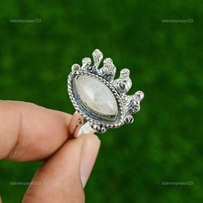 Gift For Women Statement Adjustable Ring 925 Silver Natural Rainbow Moonstone