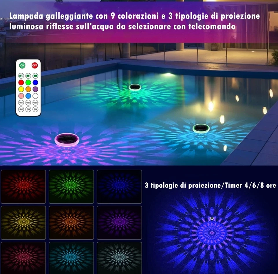 Lampada Faretto Solare Galleggiante LED RGB Proiettore Piscina Telecomando IP68 - Immagine 3 di 4