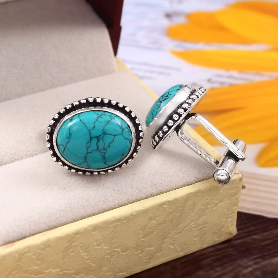 Gemelos hechos a mano de plata de ley 925 Natura turquesa piedras preciosas Foto 3 de 3