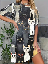 Cat Print Nightdress Print Women's Sleep Tee