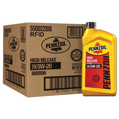 Pennzoil High Mileage 5W-20 Motor Oil, 1 Quart (6 Pack) 1 Quart, Amber/Brown