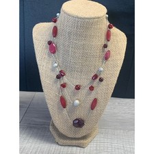 Red Multi Strand Beaded Statement Necklace Silver Tone Tiered Mixed Media 16 In
