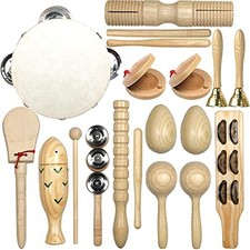 15 Pcs Kids Wooden Musical Instruments Set Tambourine Maracas Bells Educational