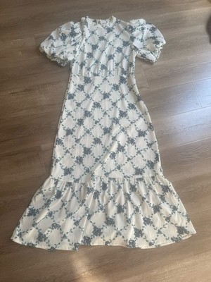 Aware Vera Moda Sz M White & Blue Flower High Neck Button Back Maxi Dress-