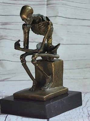 Fine Art Sculpture Bronze Skeleton Thinker Marble Base Signed Milo Artwork Decor