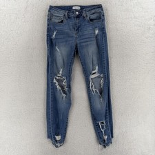 Cello Jeans Juniors 7 Blue Medium Wash Mid Rise Distressed Hem Skinny Denim