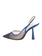 Jimmy Choo Fetto 100 Mesh Slingback Pumps Blue Patent Leather Pointed Toe Sz38.5