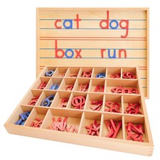 Movable Alphabet Montessori Wooden Letters with Box Mats Lower Case Red Blue