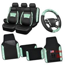 Universal Leather Lace Car Seat Covers Full Set for Women Girls, Mint