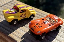 Lot of 2 Aurora HO Slot Cars T-Jet Tuff Ones Car Willys Glasser & Cheetah Orange