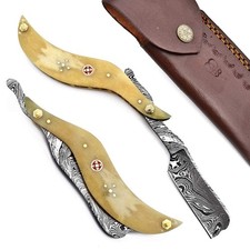Hand Made Damascus Steel Straight Razor Folding Razor With Shaving Ready Clas...
