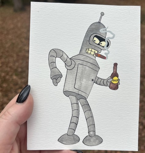 Original Art ACEO ATC Miniature Watercolor Acrylic Bender Beer Cigar Futurama