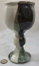 Vintage Studio Art Pottery Handmade Stoneware Wine Goblet Beige Drip  7inTall