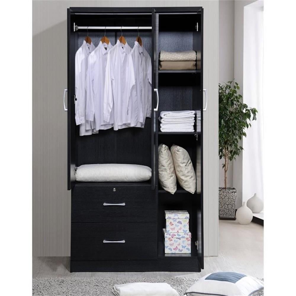 Hodedah 3 Door Armoire with 2 Drawers 3 Shelves in Black Wood