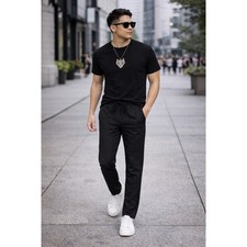 Mens Slim Fit Casual Pants Black  Drawstring Elastic Waist Smart Casual Joggers