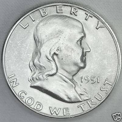 1951-s Franklin  Half Dollar. 90% Full Horizontal Bell Lines. BU (Inventory A)