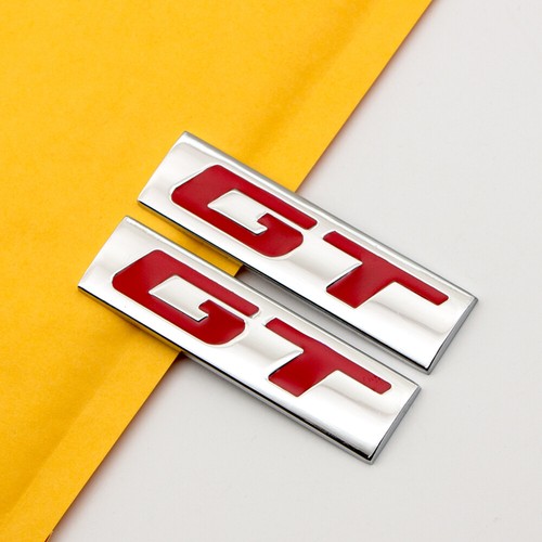 2x Silver Chrome Red Metal GT Logo Emblem Grand Tourer Letter Sport Badge Decal - Picture 2 of 4
