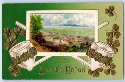 St. Patrick's Day Postcard Pipes Shamrocks Dalkey Co. Dublin Winsch Back 1910
