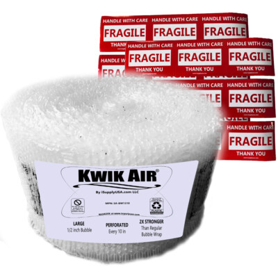 KwikAir® Medium Bubble Cushion Wrap Roll – 75' X 12", 5/16" Bubbles, Perforated Every 10", With 9 Free Fragile Stickers - View #2