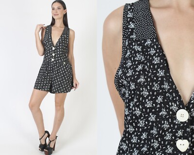 Vintage 90s Button Up Floral Romper Grunge Gypsy Mini Shorts Low Cut  Playsuit