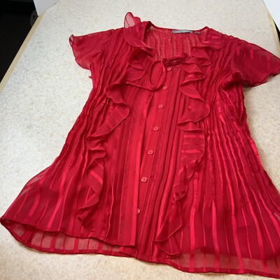 NY Collection 2 PC Red Sheer Polyester Ruffle Women s Lg Blouse Top Set