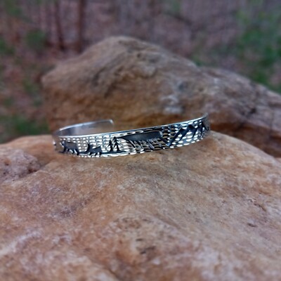 Vintage Little Silver Fox Sterling Silver 925 Story Teller Cuff Bracelet  6-1/2''