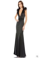 Mac Duggal 68137 Black Feather Shoulder V-Neck Satin Mermaid Gown Size 18 NWT