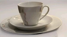 VTG MCM  ZEH Scherzer Germany Tea Cup Saucer Dessert Plate Grey & Pink On White 