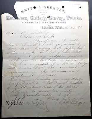 1890 Smith & Secrest, Hardware, Cutlery, Stoves, Paints  Oakesdale, WA - Letter