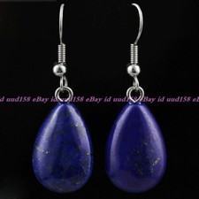Natural 13x18mm Egyptian Blue Lapis Lazuli Gemstone Silver Hook Dangle Earrings