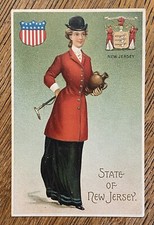 NEW JERSEY State Victorian LADY Long RED Coat—Antique Vtg Emb Postcard—VGC!