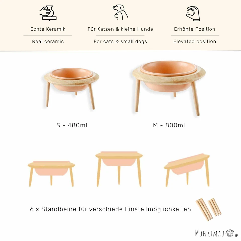Hundenapf Katzennapf aus Keramik Holzständer Futternapf Fressnapf verstellbar - Bild 3 von 4