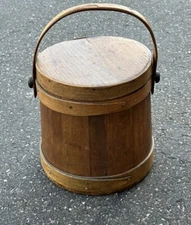 Antique country firkin or storage container Pine w oak banding and handle 19thc