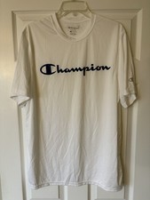 CHAMPION DOUBLE DRY SHORT SLEEVE T-SHIRT - SCREENED SCRIPT LOGO - WHITE - LARGE