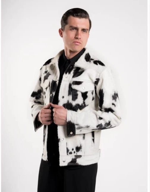 Men’s Cow Hair Trucker Jacket Black And White Fur Warm Denim Coat Western Style