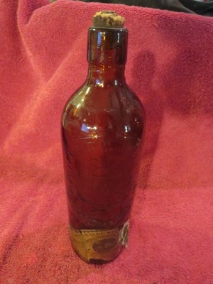 Antique Duffy s Pure Malt Whiskey Bottle w/ LABEL Amber Glass Rochester NY 1890s