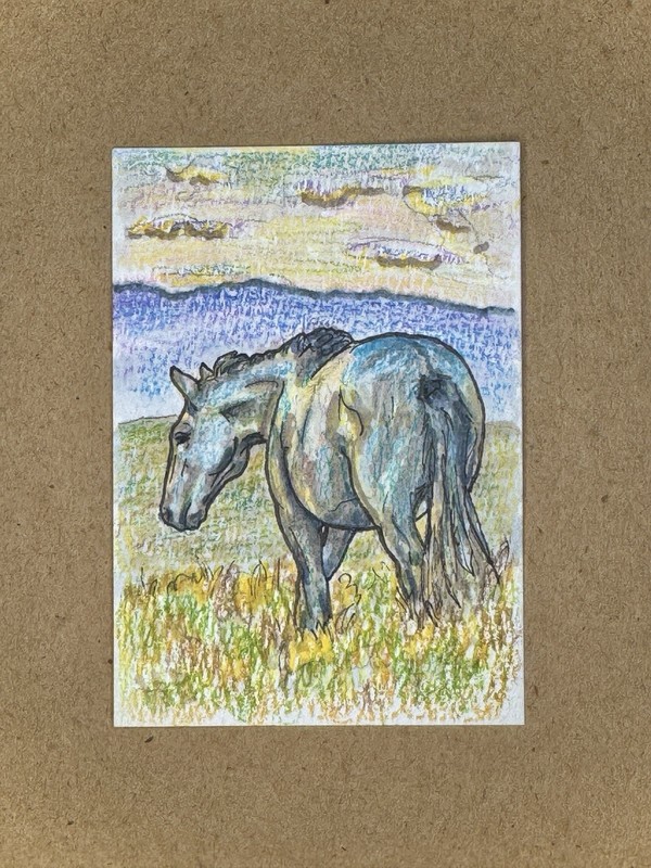 ACEO ORIGINAL Horse Mountains Painting Equine Art Animal Gouache By Kinsmoor