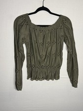 H&M Olive Green Eyelet Embroidered Peplum Blo...