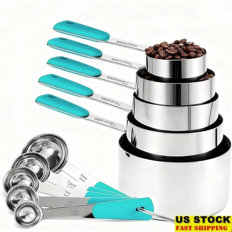 Stainless Steel Measuring Cups & Spoons Set Stackable Easy Clean Kitchen Tools