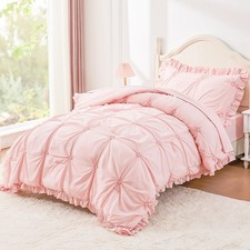 Twin Comforter Set for Girls, Boho Pintuck Bedding Comforter Sets, 4 Pieces R...
