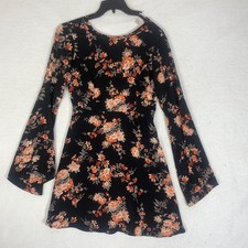 Forever 21 Floral Skater Dress Women's Small Black Long Bell Sleeve Fit & Flare