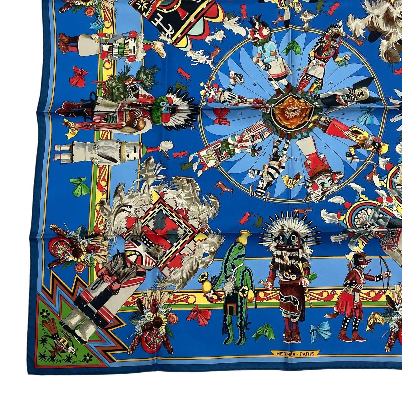 Excellent HERMES Carré 90 Silk Scarf “Kachinas” Blue – With Box image 5