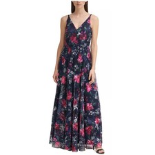 ELIZA J Floral Embroidered V-neck A-line Gown Maxi Dress Size 6 Navy Pink Formal