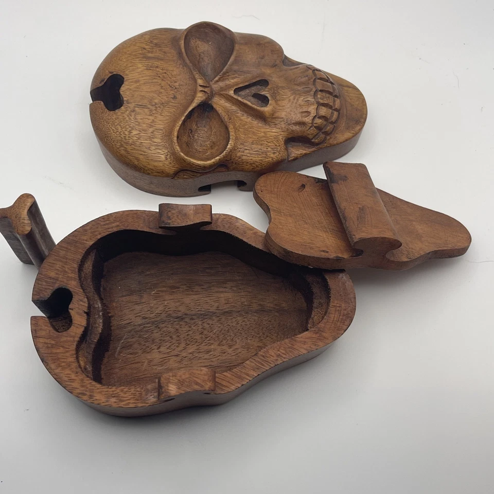 Fair Trade Hand Carved Wooden Wood Skull Japanese Style Secret 3D Puzzle Box - Image 2 of 4