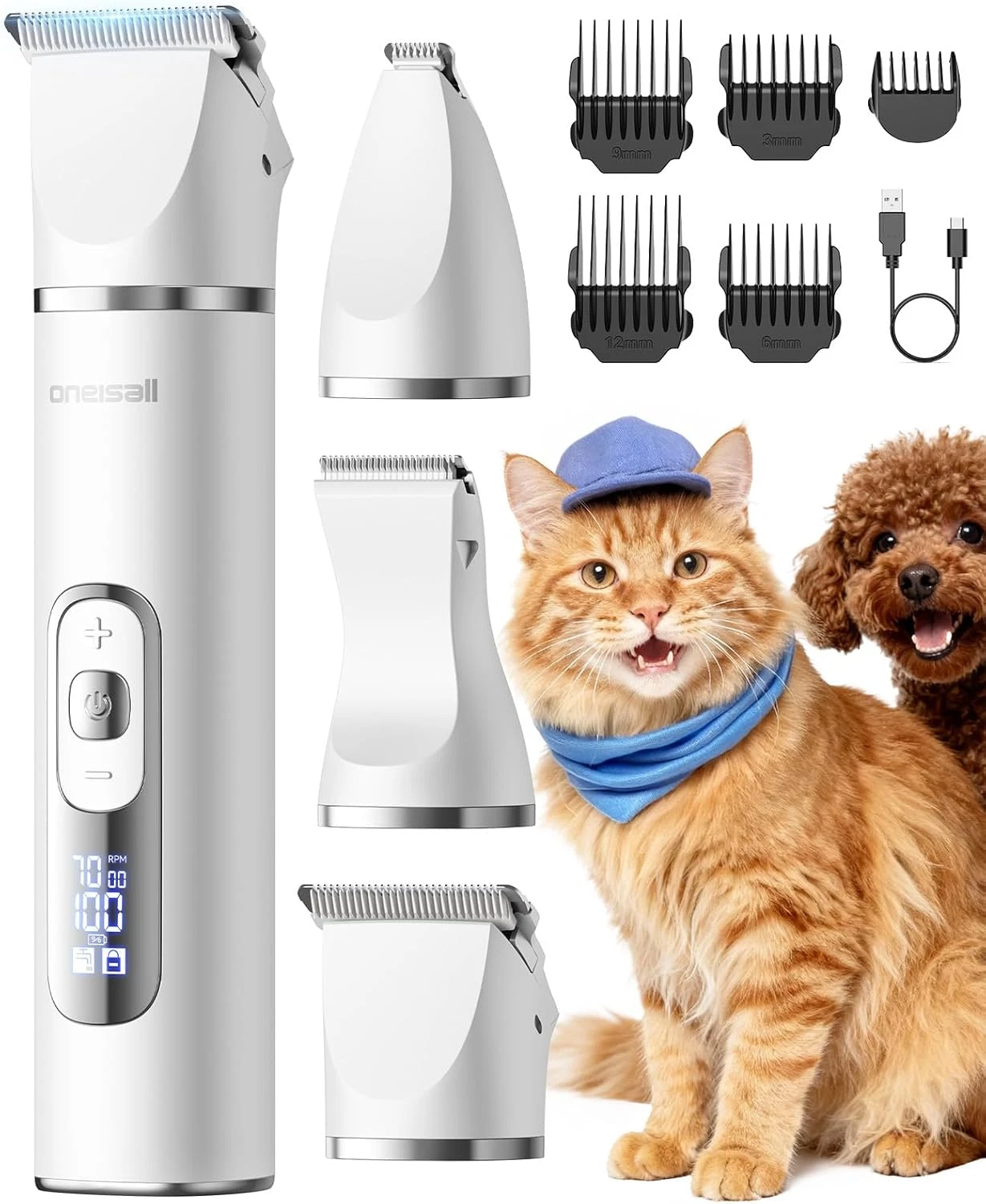 Quiet Cat Clippers for Matted Hair, 3 in 1 Cat Grooming Kit with LCD Display, Ca