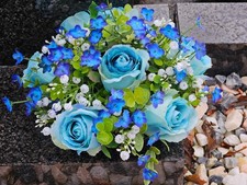 Artificial Grave Flowers in Weighted Pot - Unusual Blue Rose Arrangement 