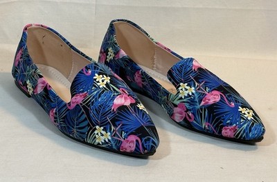 Womens NEW shoes fabric slip on flats EU 43 US 11 blue with pink flamingos FAB