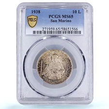 San Marino 10 lire Republic St. Agatha KM-10 MS 65 PCGS silver coin 1938