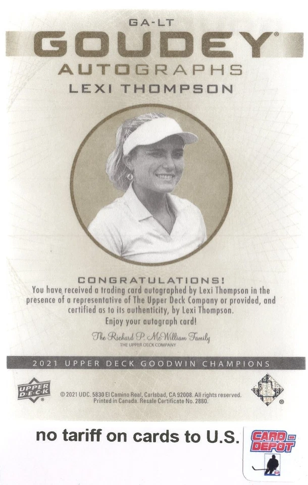 2021 Upper Deck Goodwin Champions Goudey Autographs #GALT Lexi Thompson - Image 2 of 2