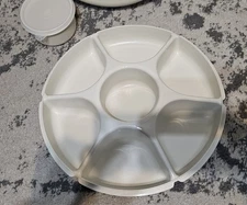 Tupperware Divided Serving Party Tray Almond With Lid With Dip Bowl And Lid